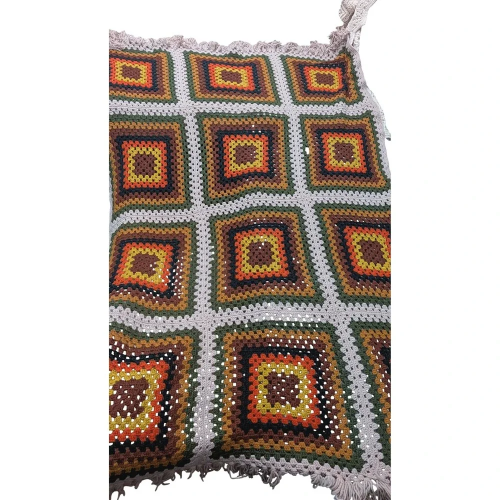Vintage‎ Handmade Crochet Granny Square Afghan Throw Blanket Earth Tones 48x72